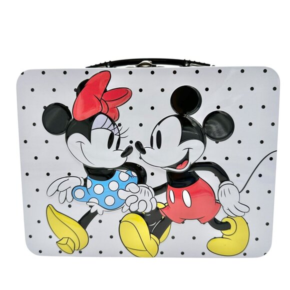 Mickey and Minnie Mouse Metal Lunch Box 9x7x3.5 Polka Dot Black White Design - Picture 3 of 11